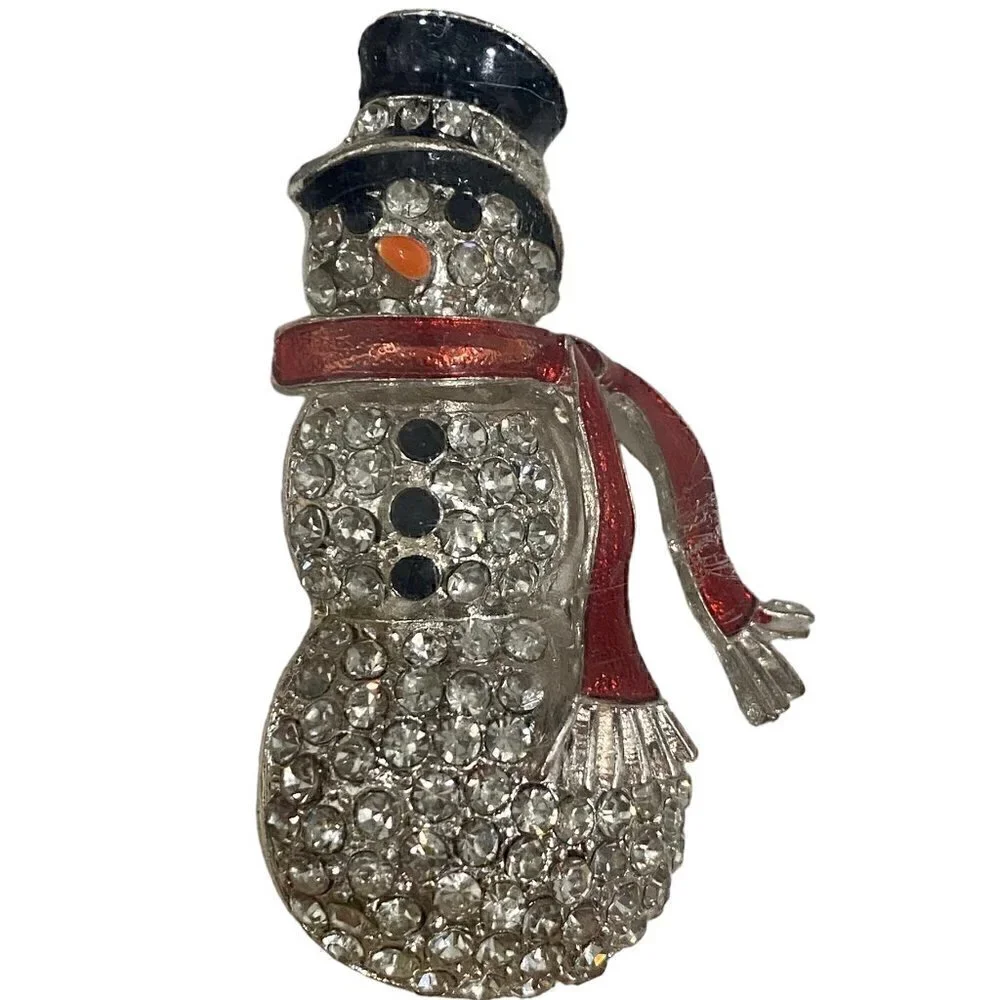 Happy Holidays Snowman Rhinestone Enamel Lapel Pin Brooch 2.25 in x 1in